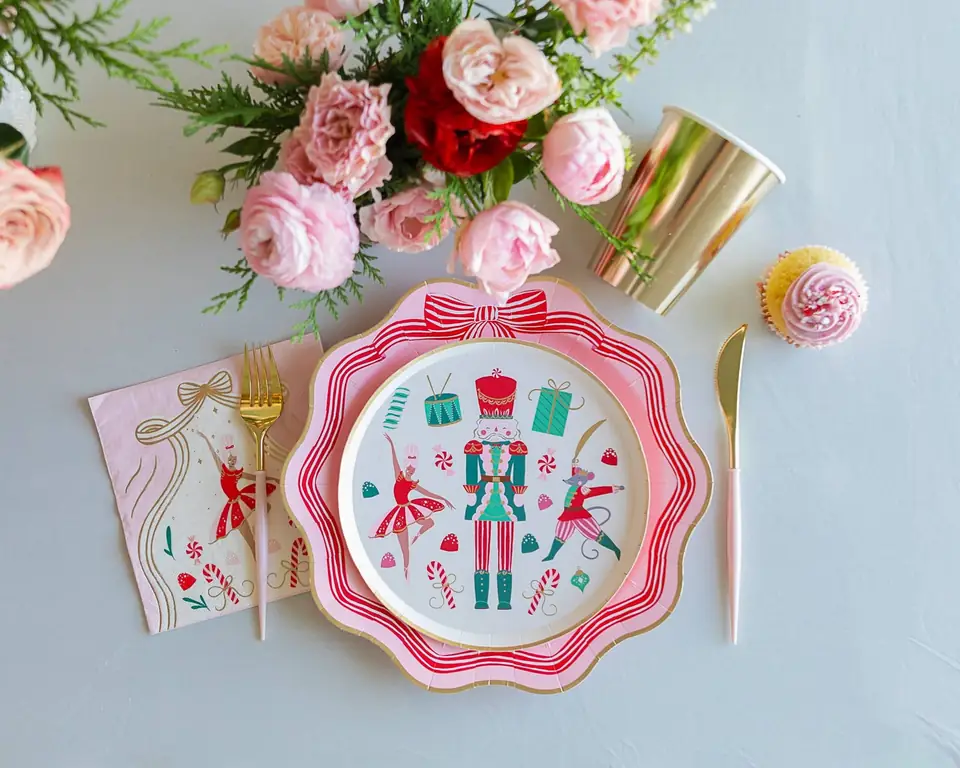 A pink Christmas table set with scalloped bow plates